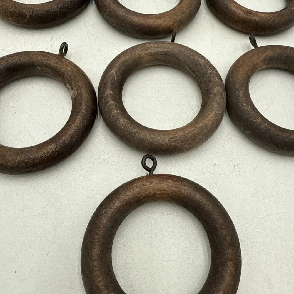 Solid Wood Curtain Rings Lot 10 Brown Drapery Rod Hooks 1.75
